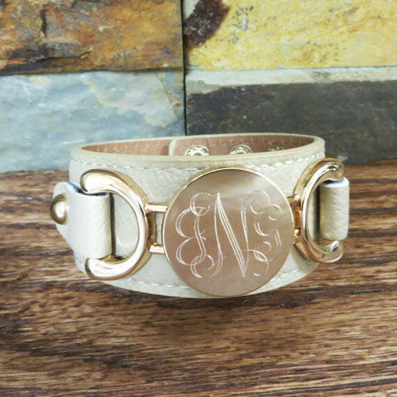Gold Leather Monogram Bracelet.