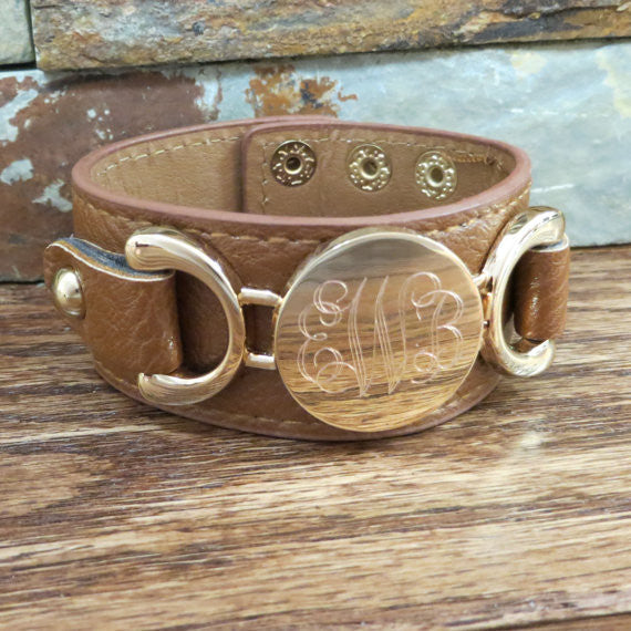Leather Monogram Bracelet w/ Gold disc