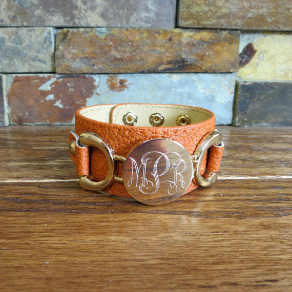 Gold Leather Monogram Bracelet.