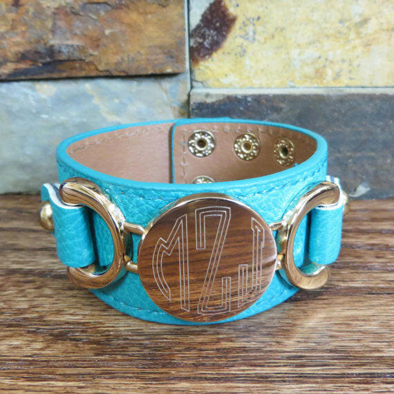 Leather Monogram Bracelet w/ Gold disc.