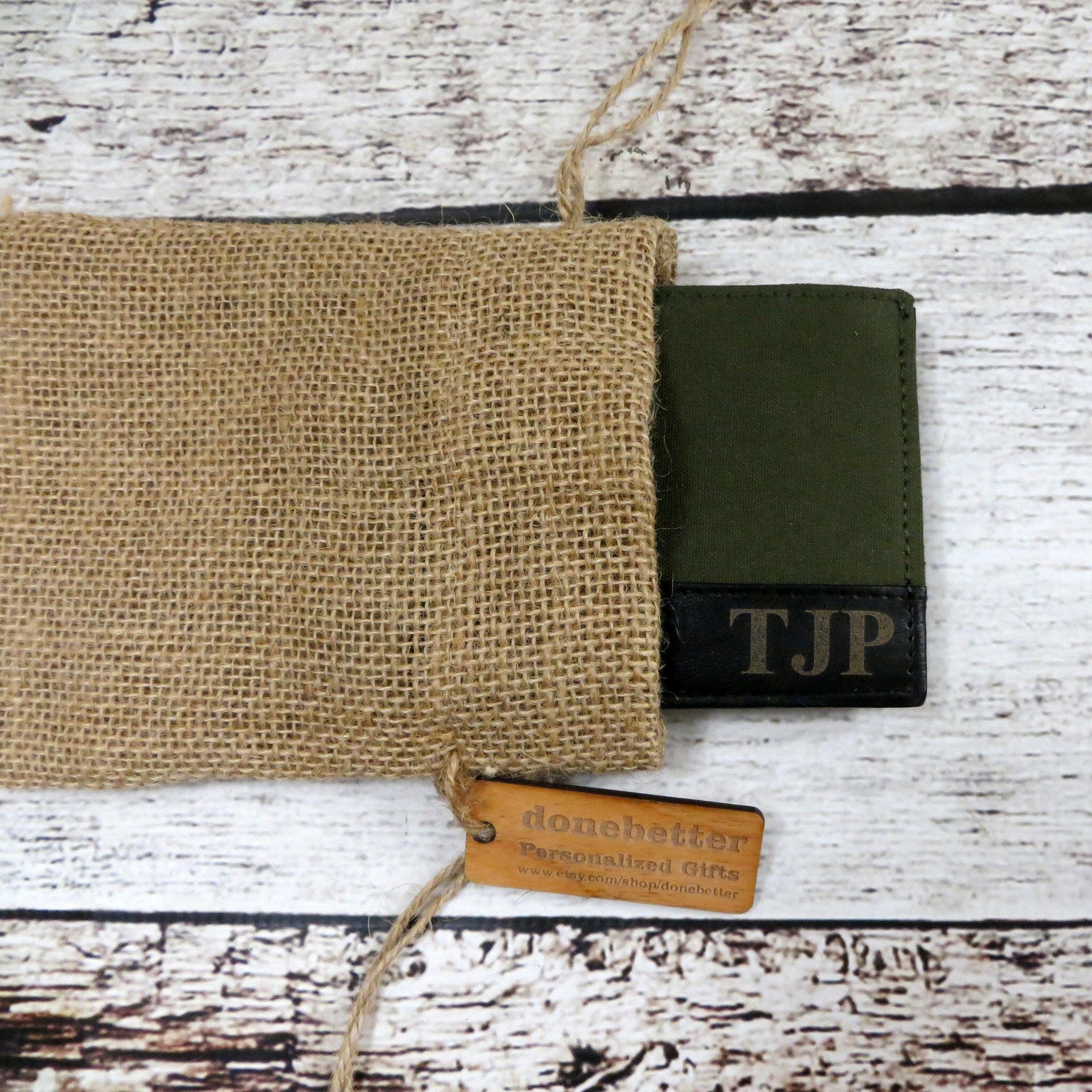 Personalized Green Canvas & Leather Wallet.