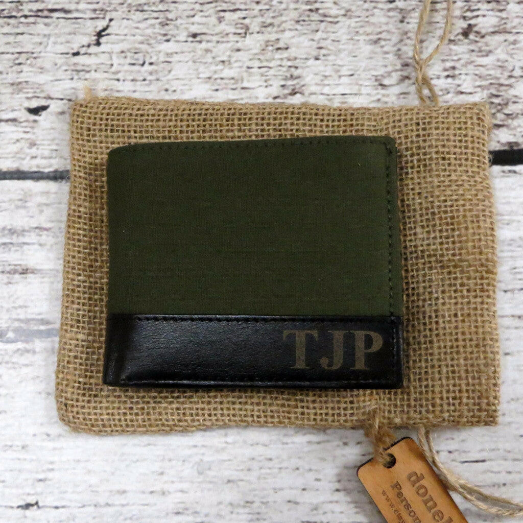 Personalized Green Canvas & Leather Wallet.