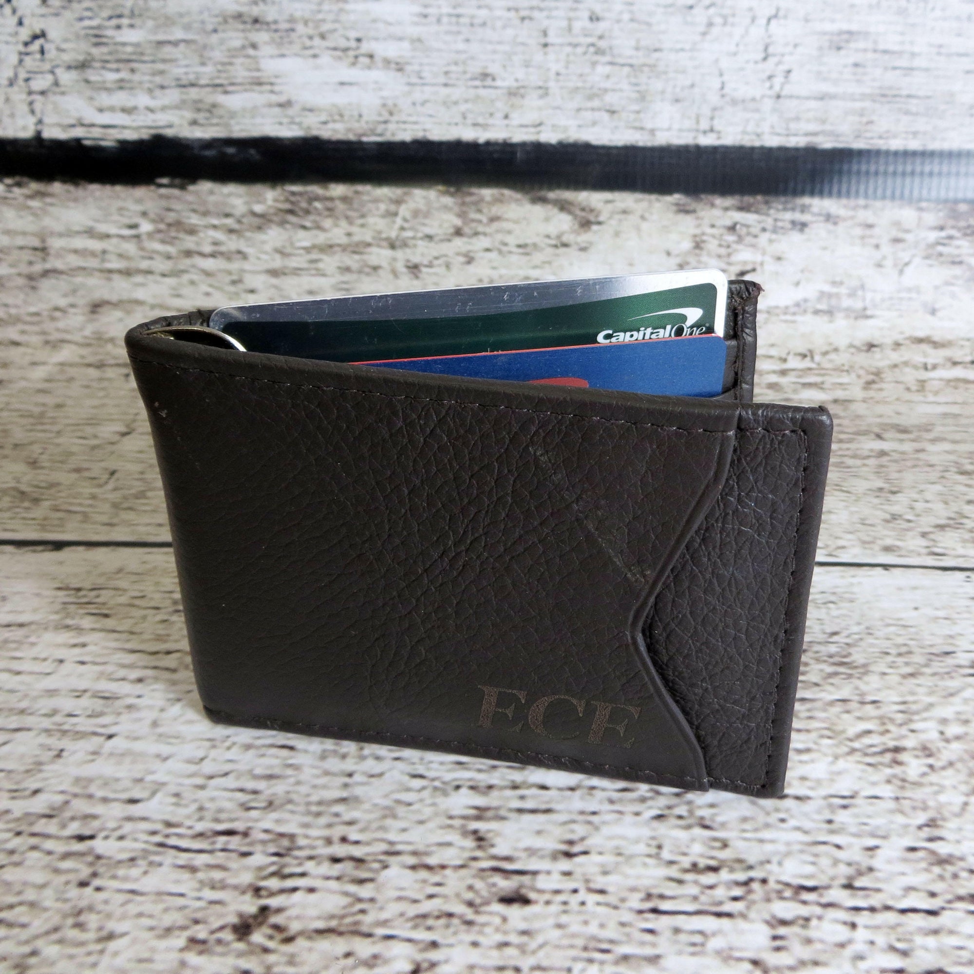 Personalized Leather Wallet w/ Money Clip.