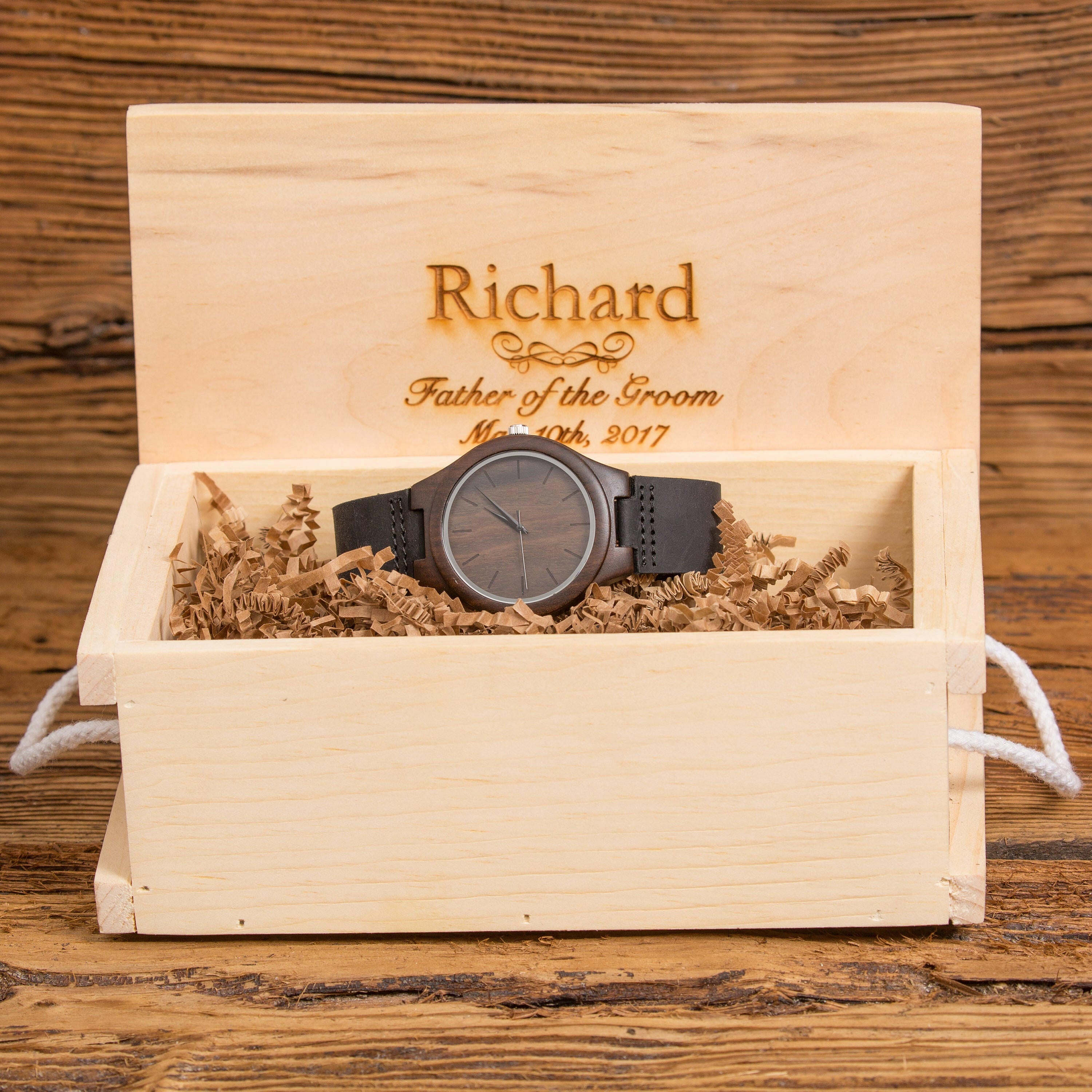Personalized Dark Wood Watch w/ Leather Band.