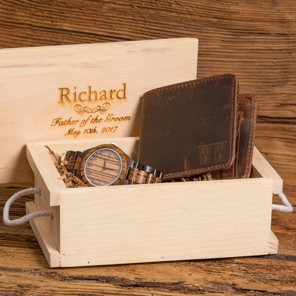 Custom Engraved Wood Watch and Monogrammed Wallet Gift Set