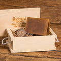 Engraved Custom Wooden Watch and Monogram Leather Wallet Gift Set.
