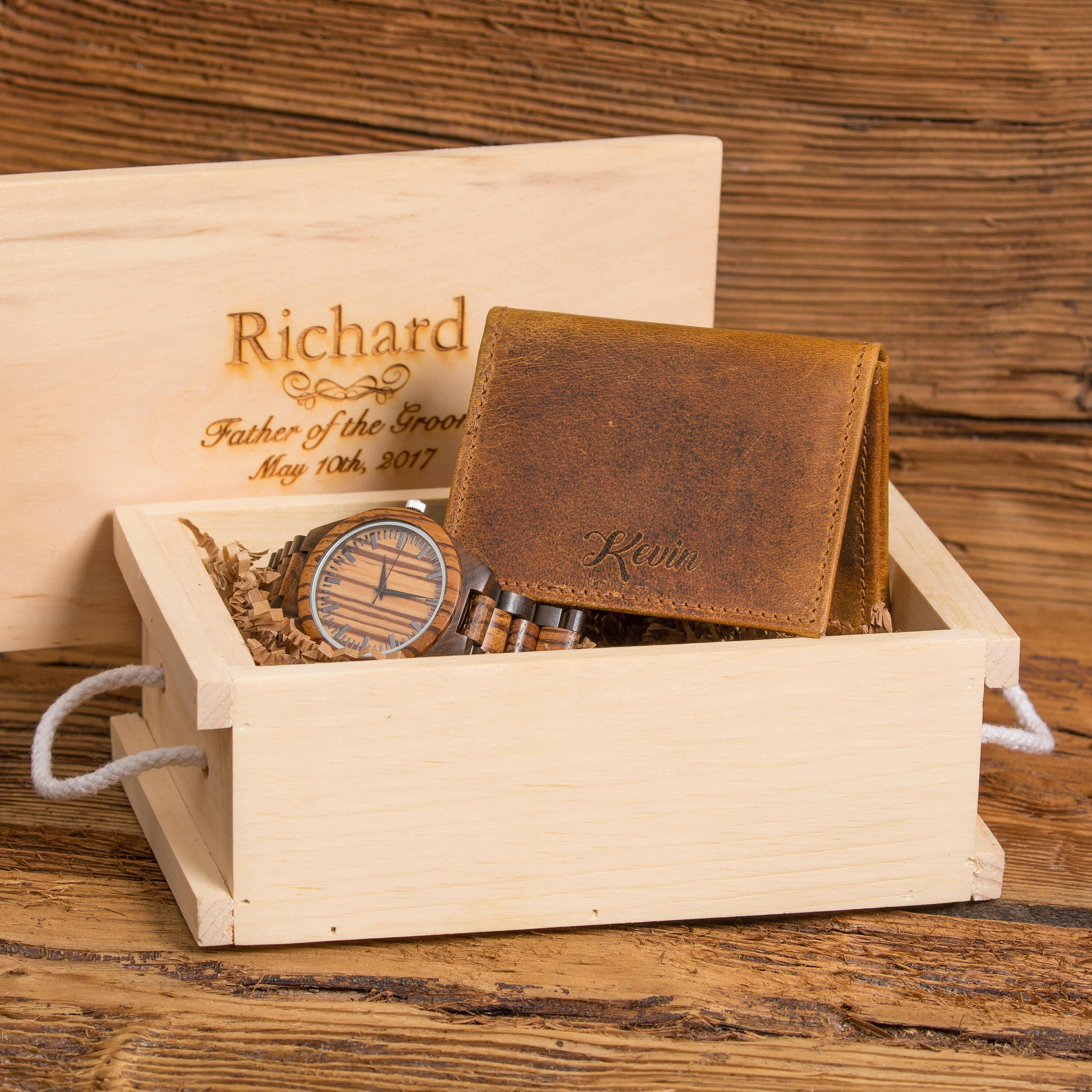 Engraved Custom Wooden Watch and Monogram Leather Wallet Gift Set.