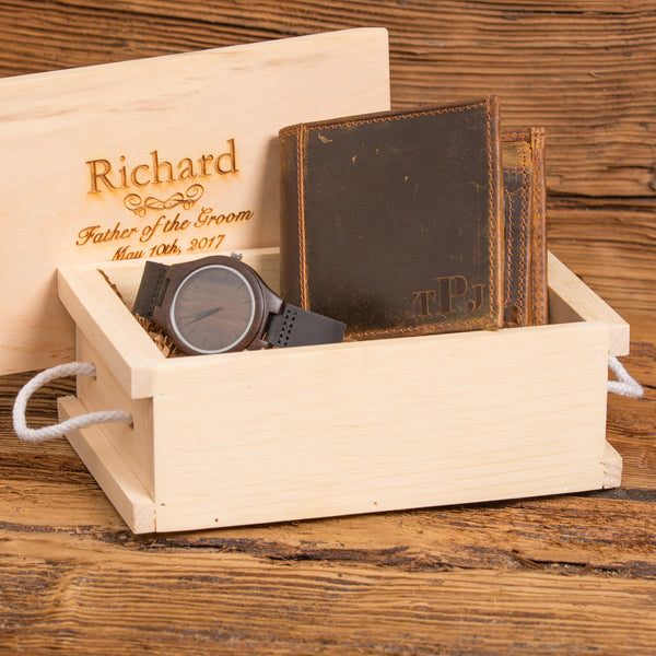 Mens Gift Set with Personalized Wallet and Wood Watch