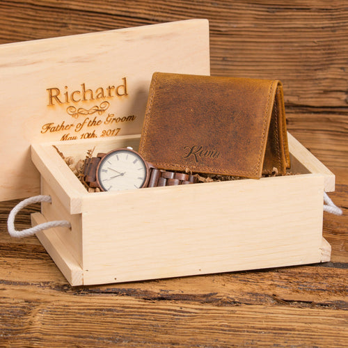 Anniversary Gift Set w/ Personalized Folding Wallet and Wood Watch.