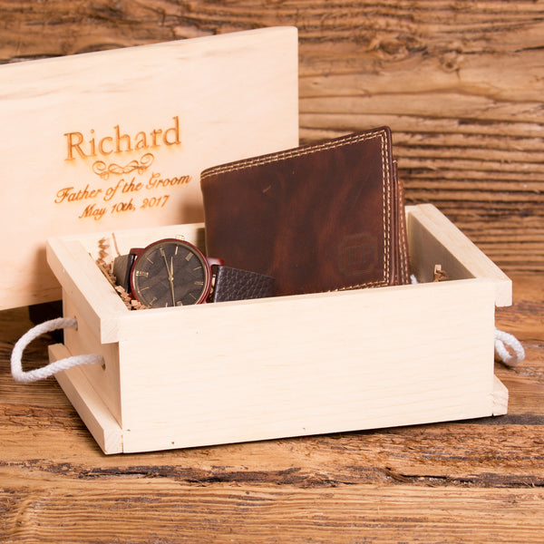 Engraved Wooden Watch with Monogrammed Wallet Set