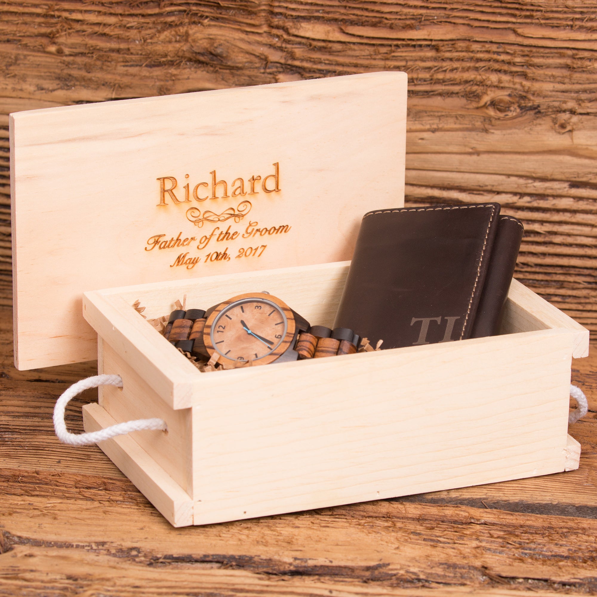 Tri Fold Wallet Monogrammed with Wood Watch Personalized Set