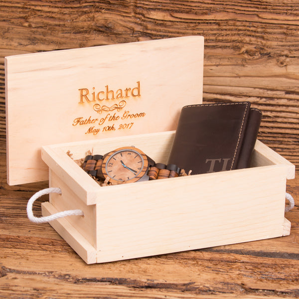 Tri Fold Wallet Monogrammed with Wood Watch Personalized Set