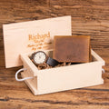 Monogrammed Wallet and Personalized Wood Watch.