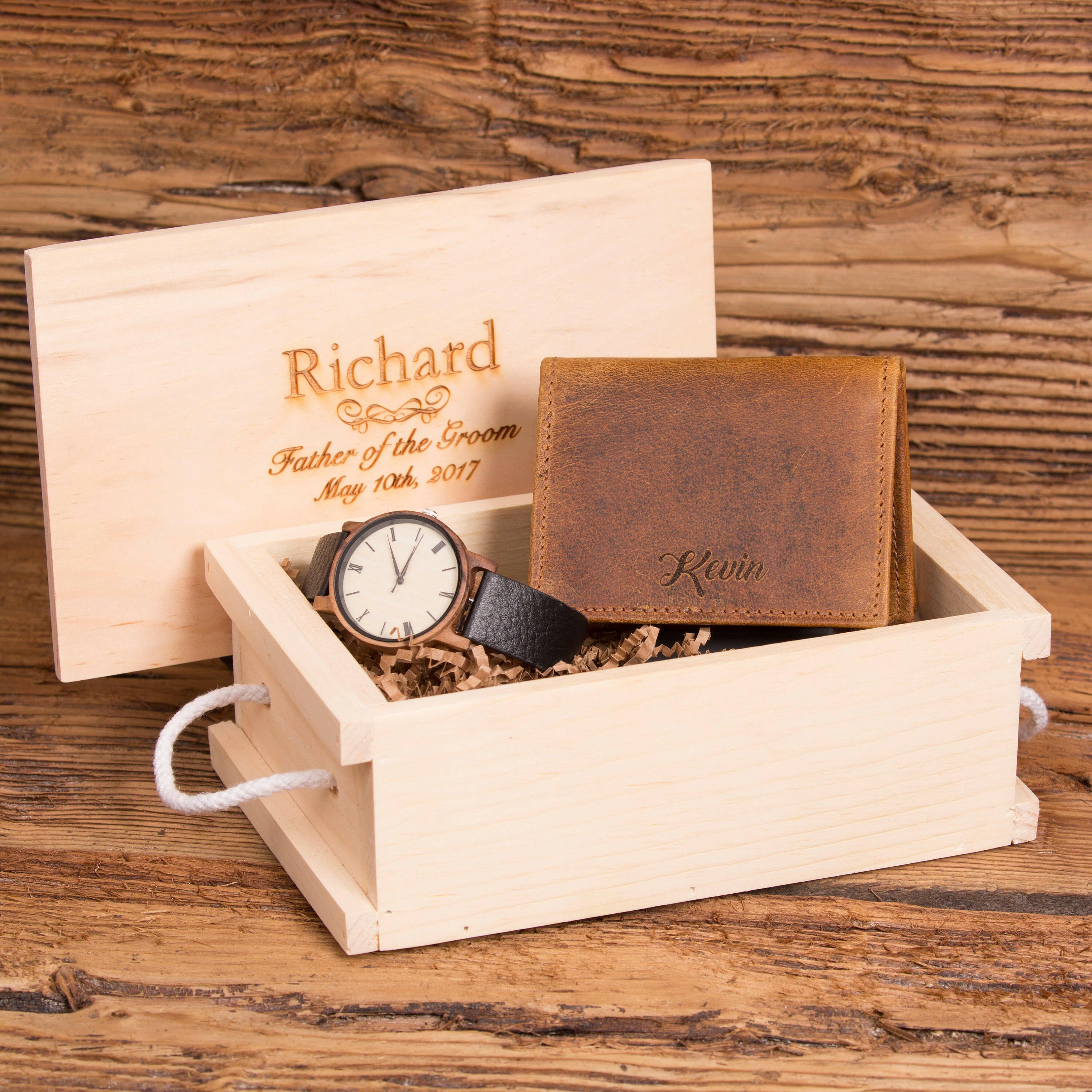 Monogrammed Wallet and Personalized Wood Watch.