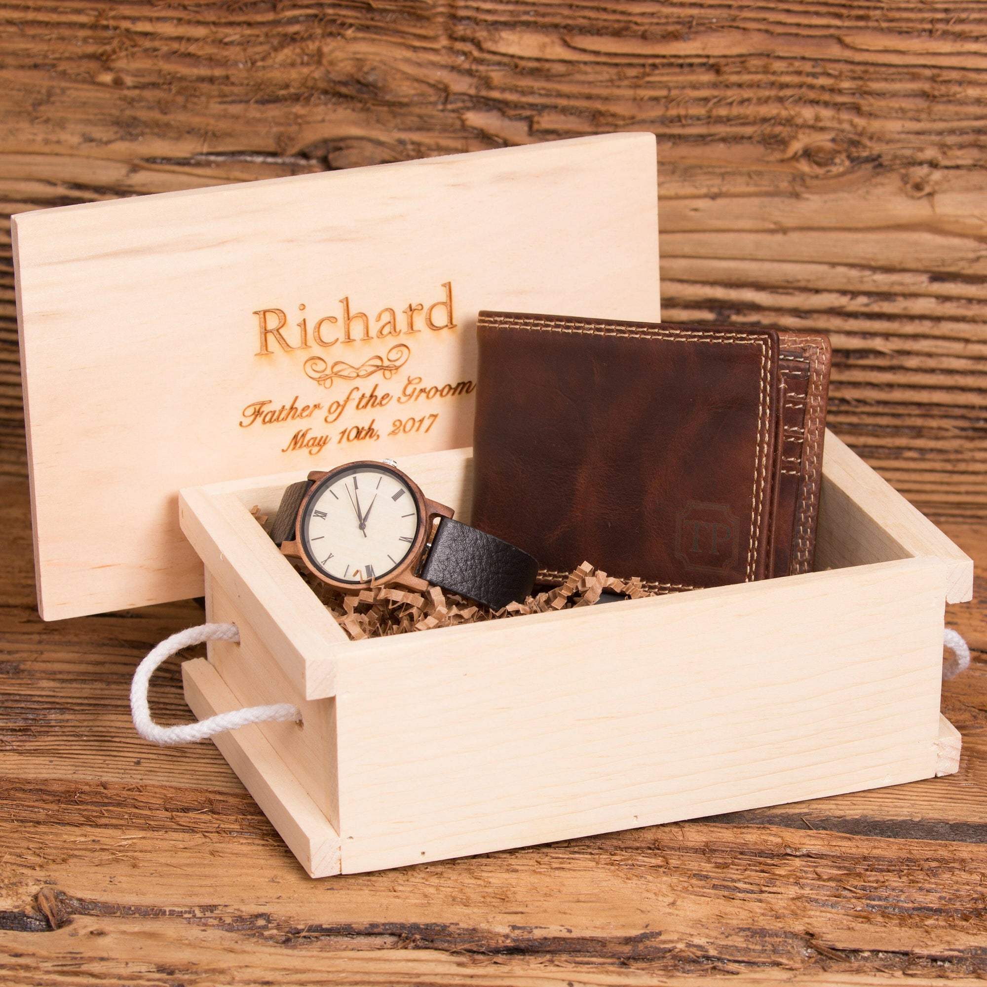 Gift Set for Men with a Monogrammed Wallet and Personalized Wood Watch.