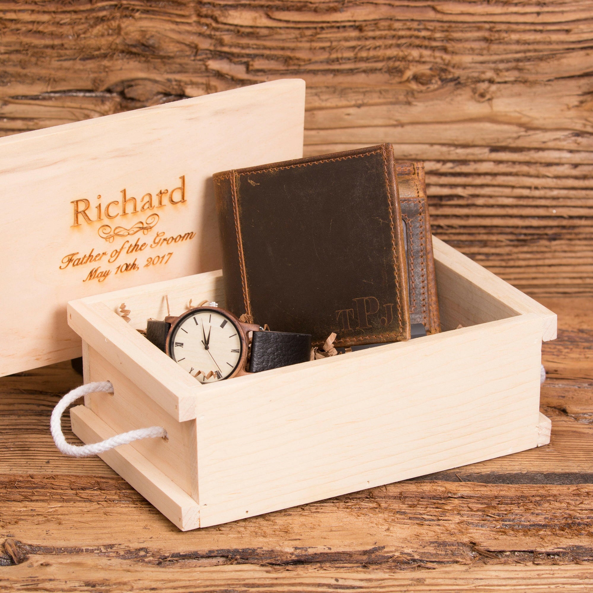 Monogrammed Leather Wallet & Wood Watch Set.