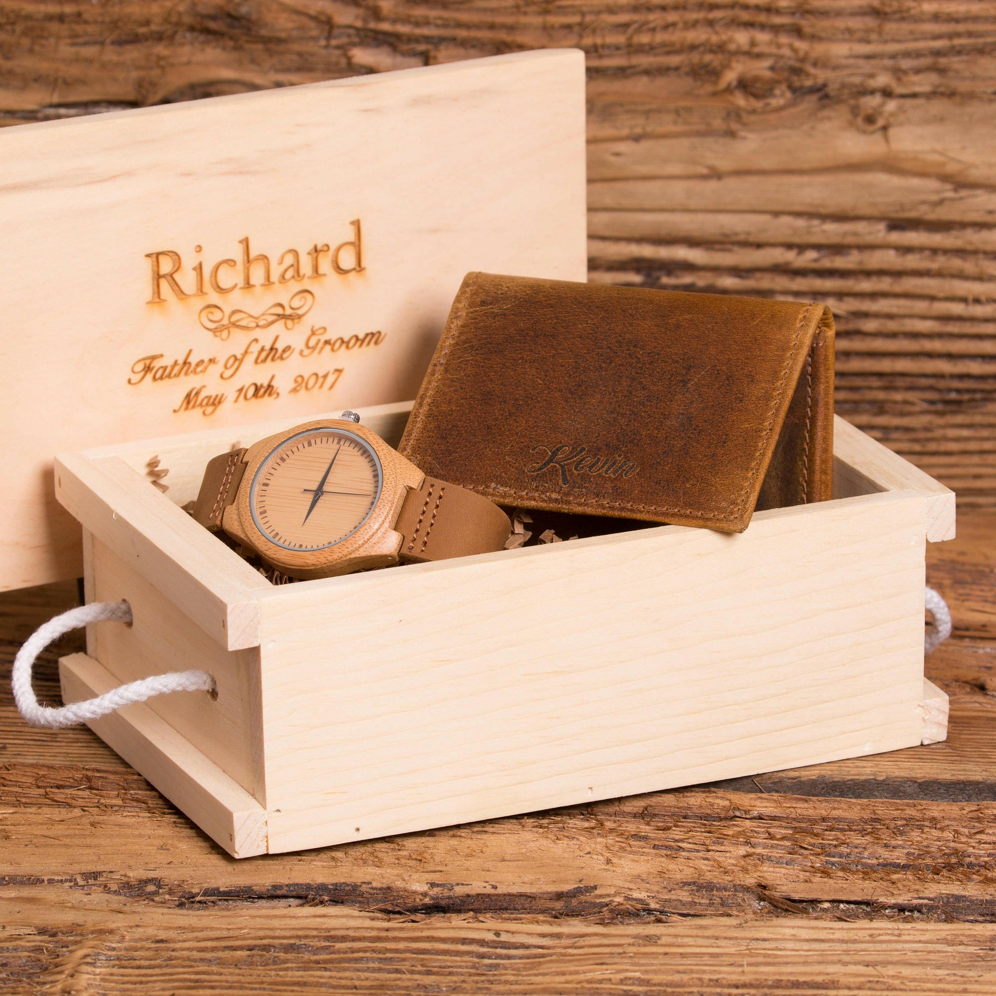Monogrammed Wooden Watch and Leather Wallet Gift Set.