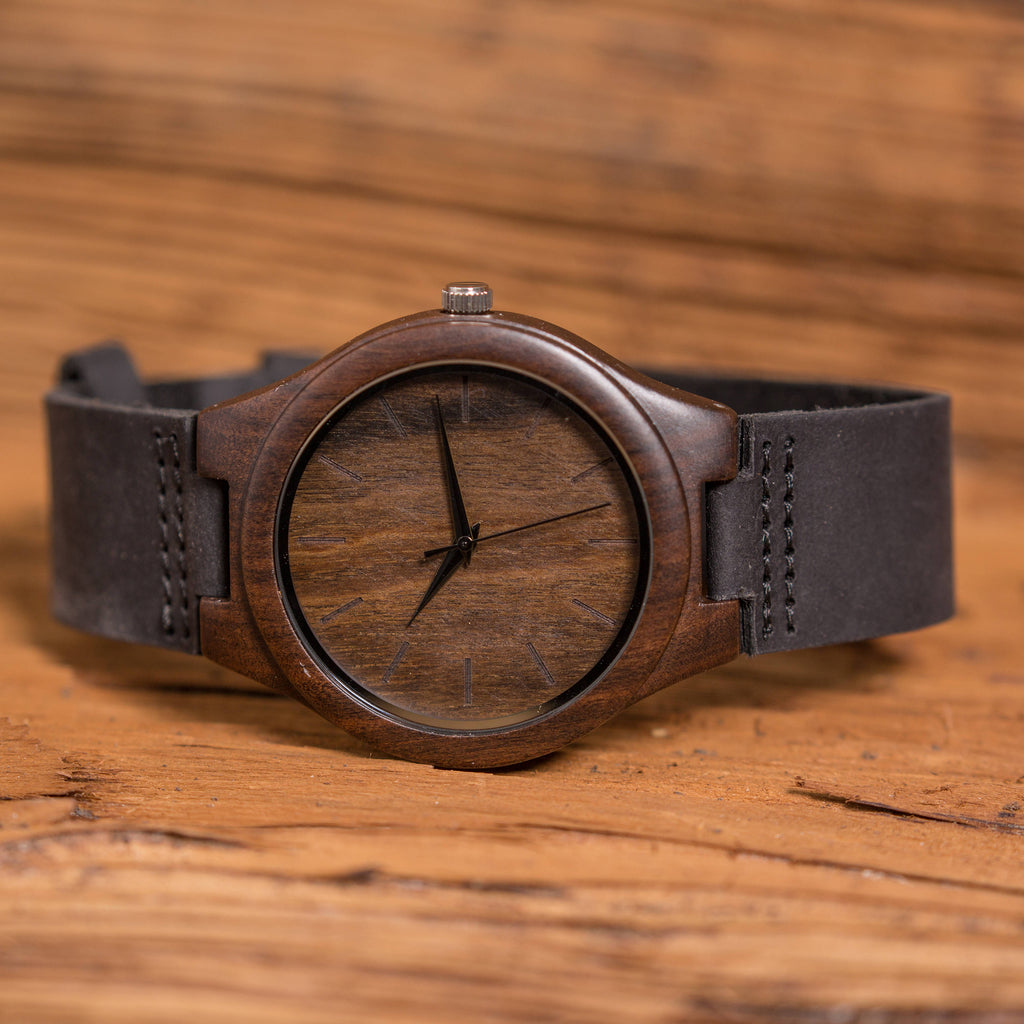Personalized Dark Wood Watch w/ Leather Band