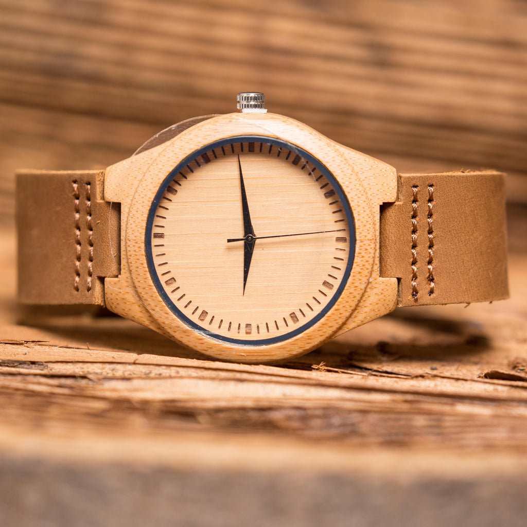 Handsome Personalized Wood Watch with Leather Band