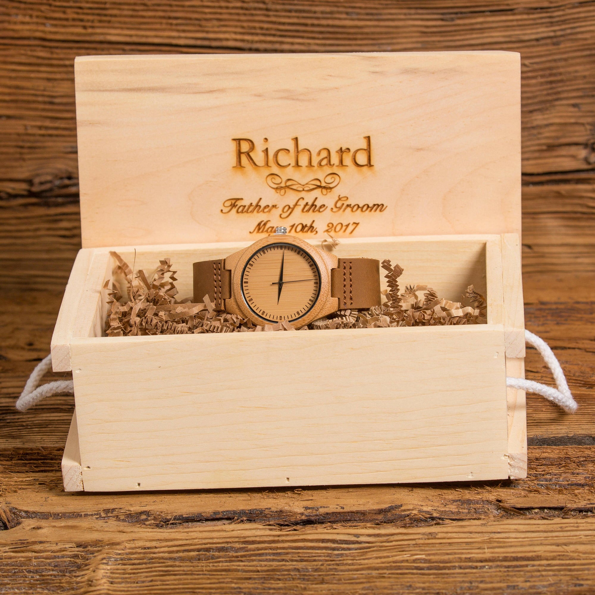 Handsome Personalized Wood Watch with Leather Band.