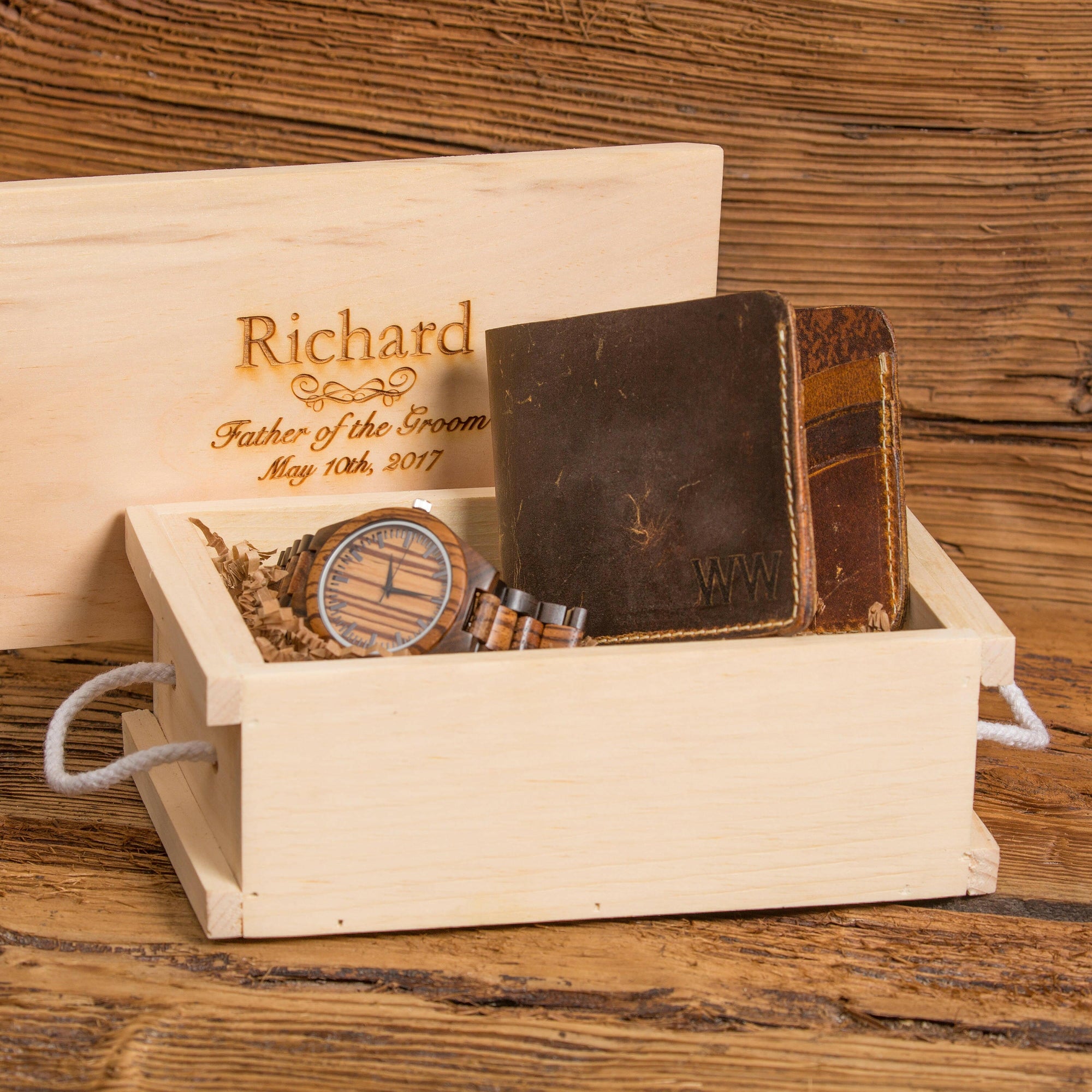 Personalized Zebra Grained Wooden Watch and Monogram Leather Wallet Set.