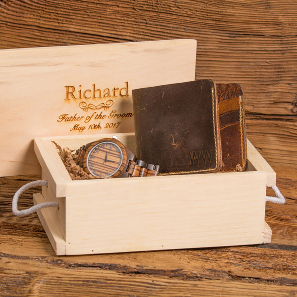 Personalized Zebra Grained Wooden Watch and Monogram Leather Wallet Set