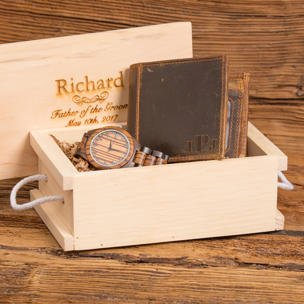Personalized Wooden Watch and Monogram Leather Wallet