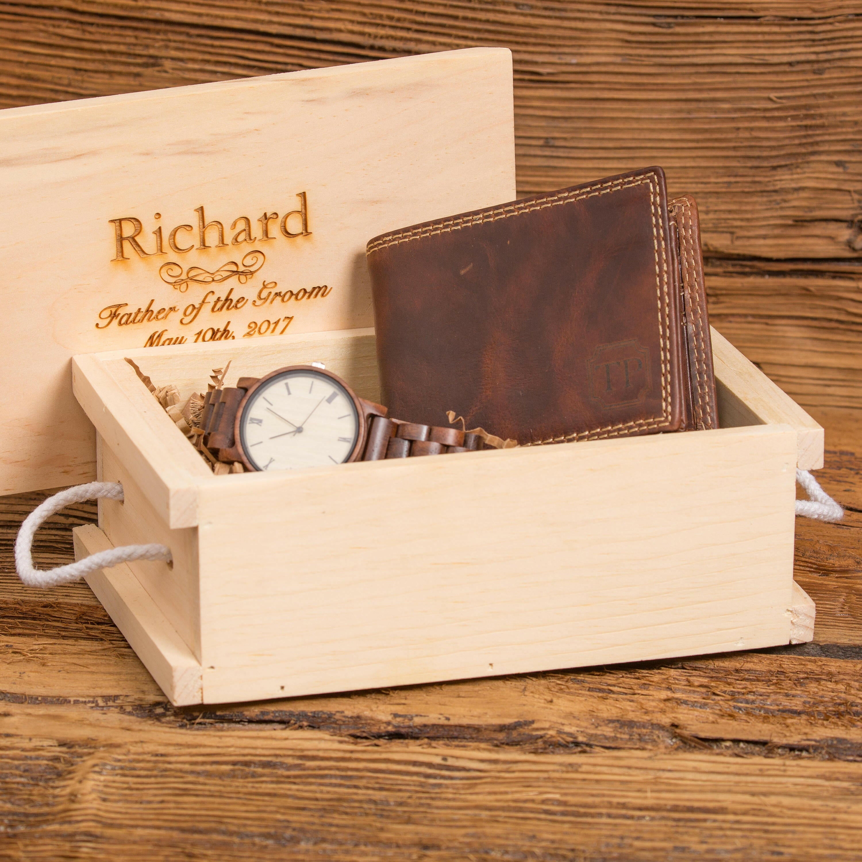 Monogrammed Wallet and Wood Watch Gift Set with Keepsake Crate.