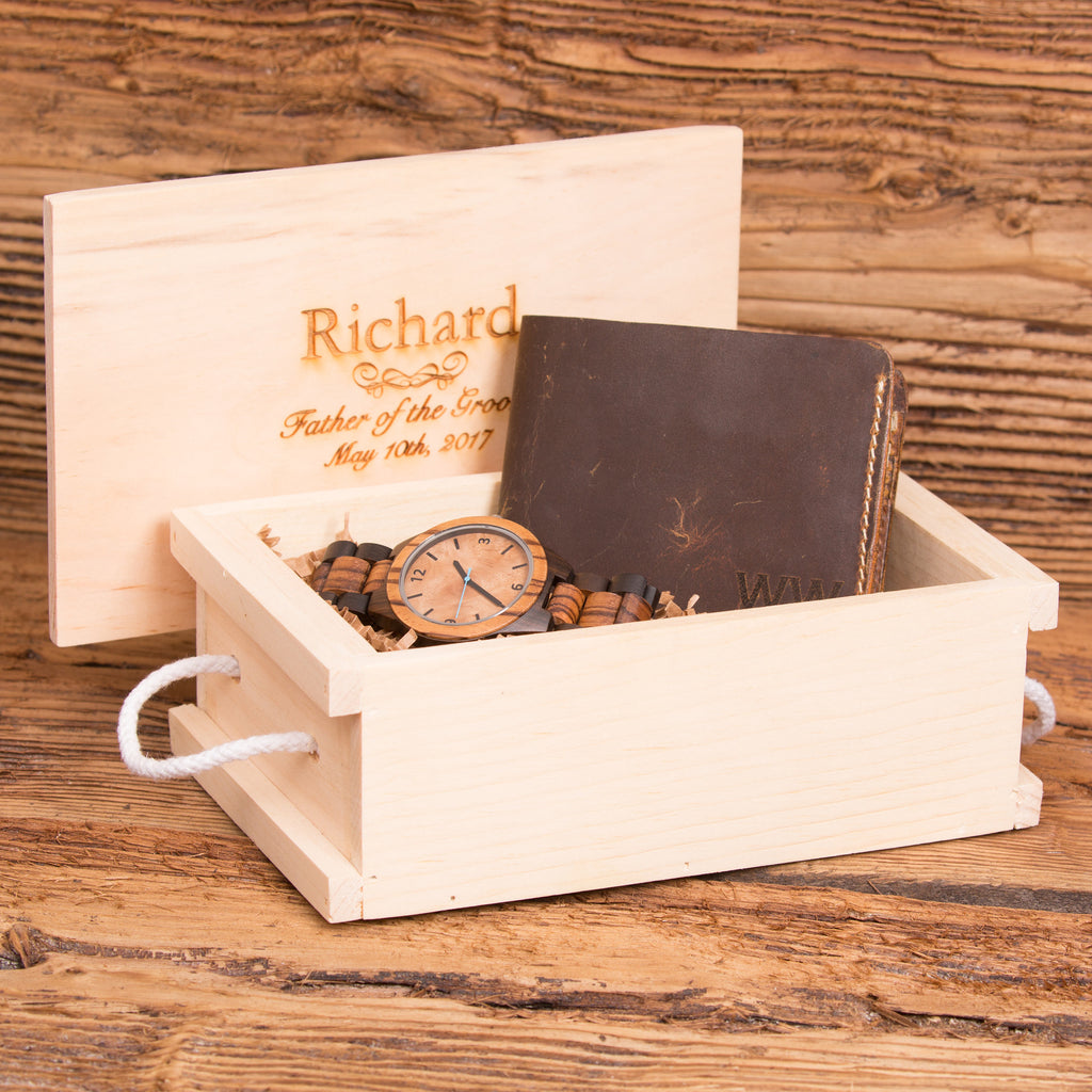 Bi Fold Wallet Monogrammed with Wood Watch Personalized.