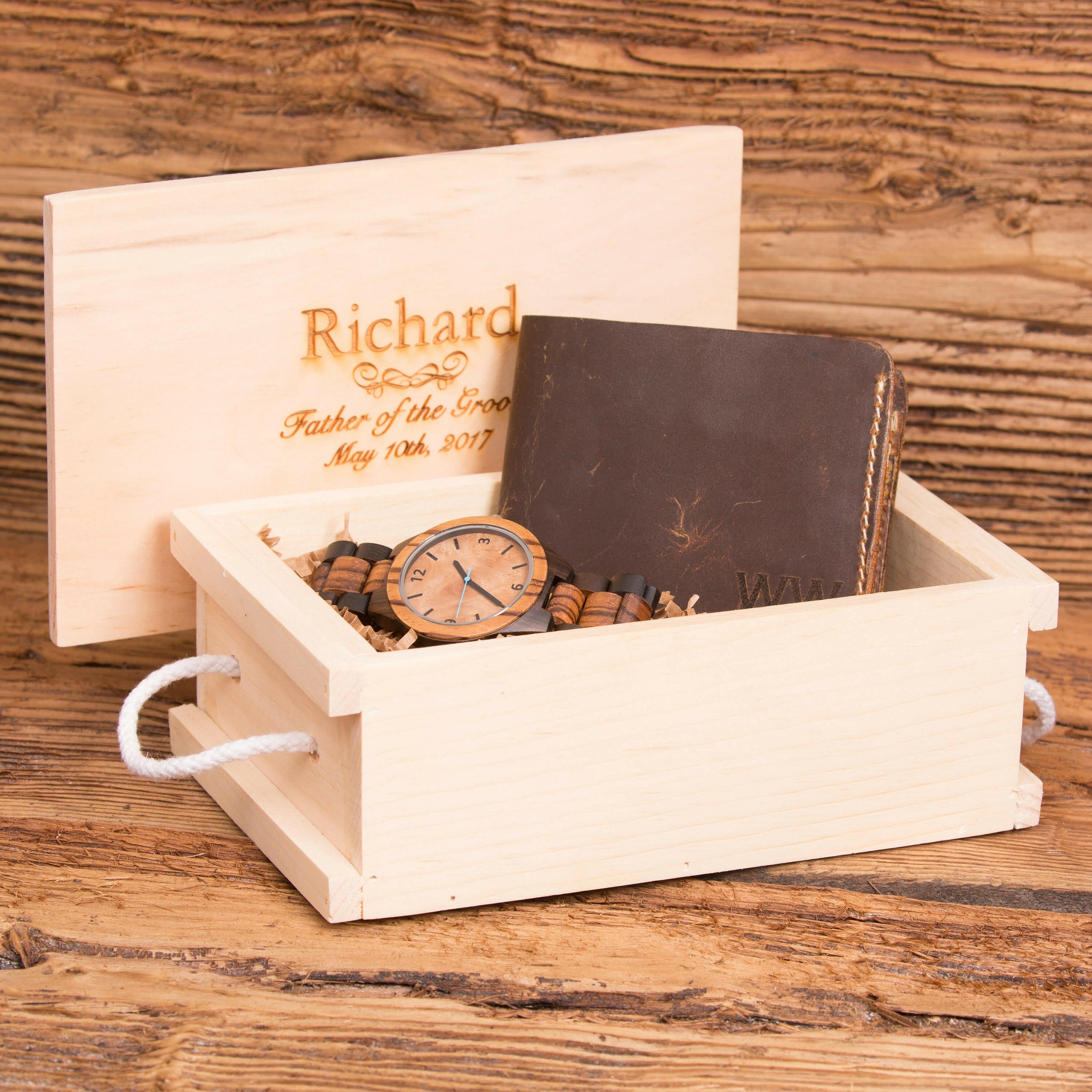 Bi Fold Wallet Monogrammed with Wood Watch Personalized.