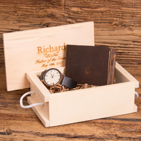 Monogrammed Wallet and Personalized Wood Watch Set