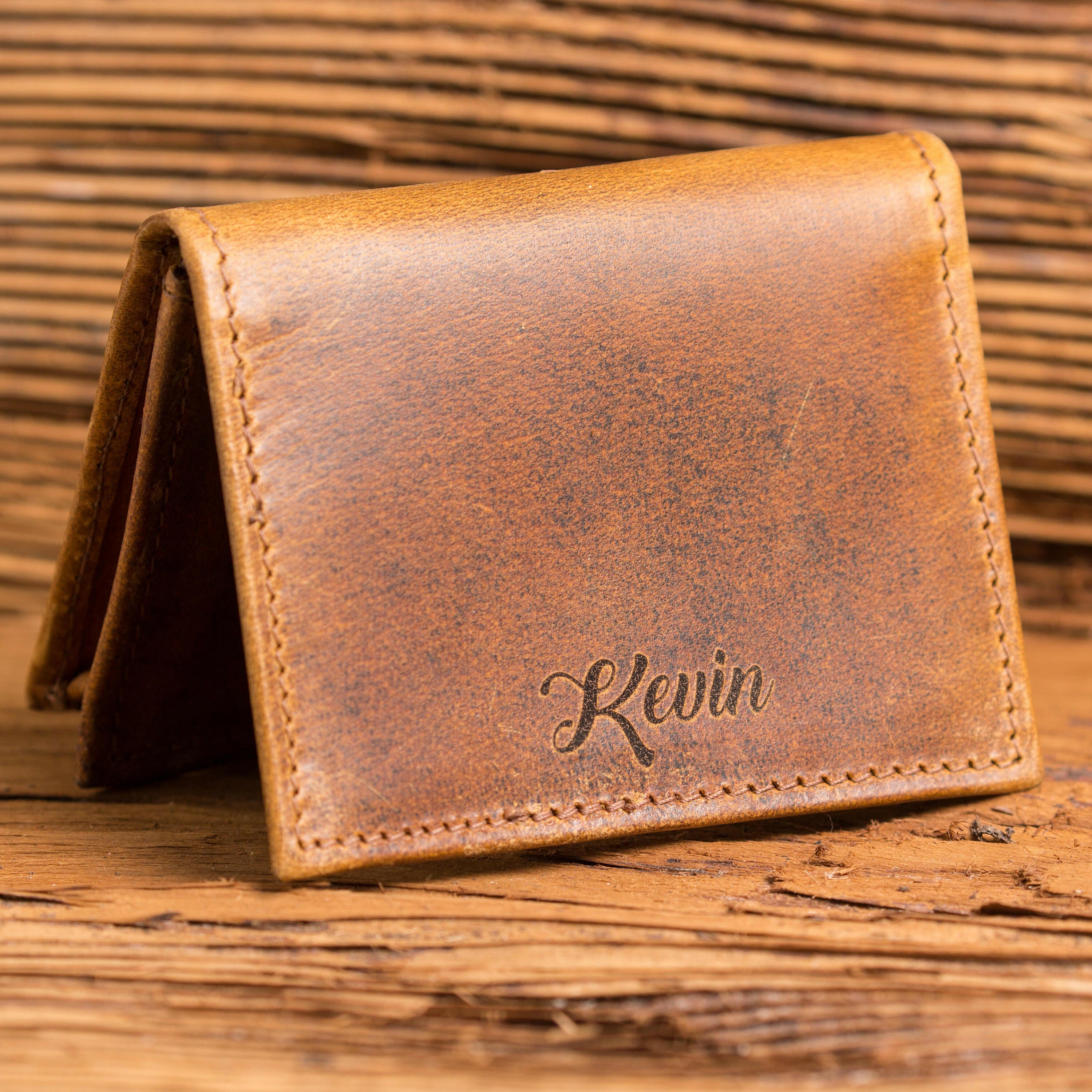 Monogrammed Wallet and Personalized Wood Watch.