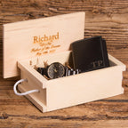 Personalized Tri Fold Black Wallet w/ Wooden Watch.