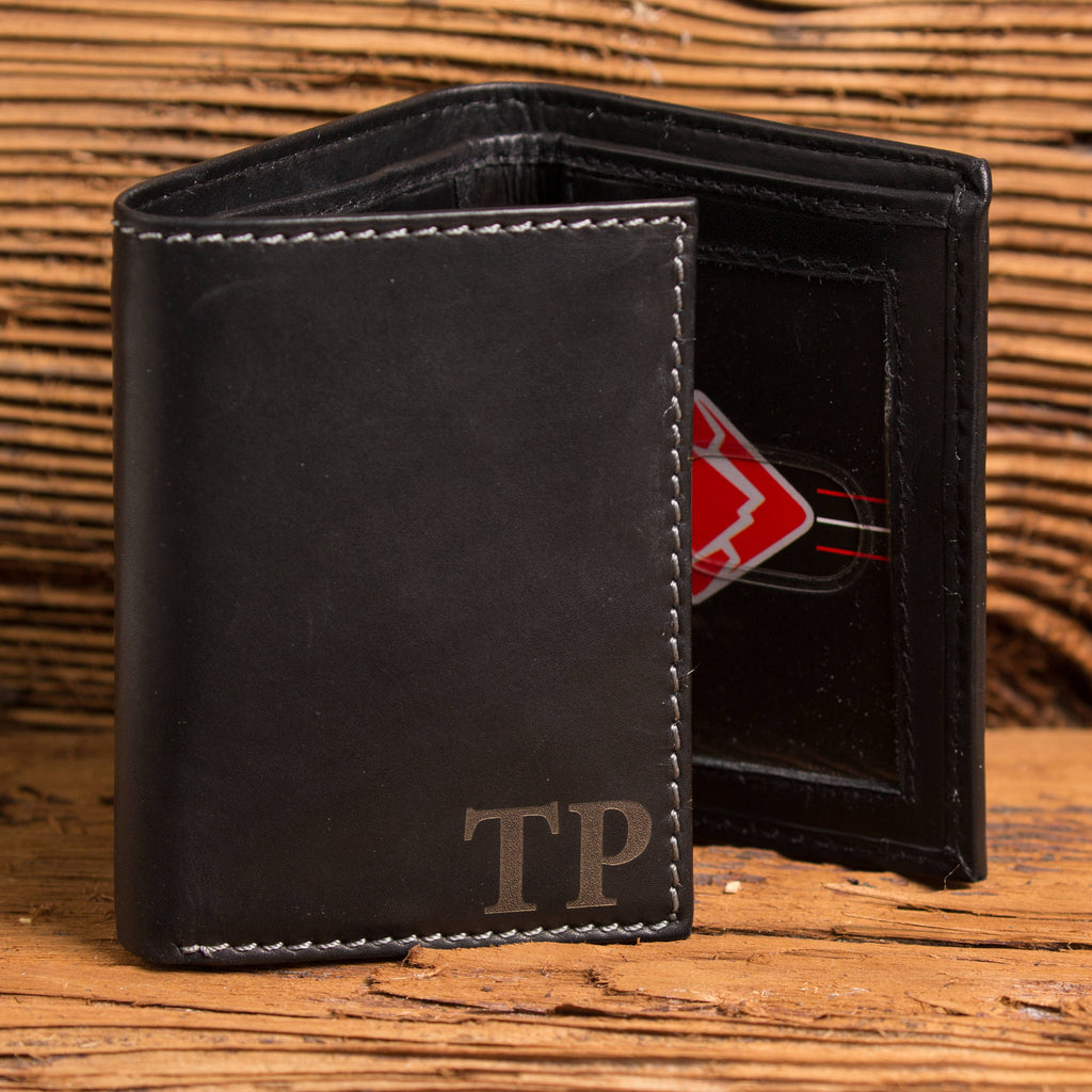Personalized Tri Fold Black Wallet w/ Wooden Watch