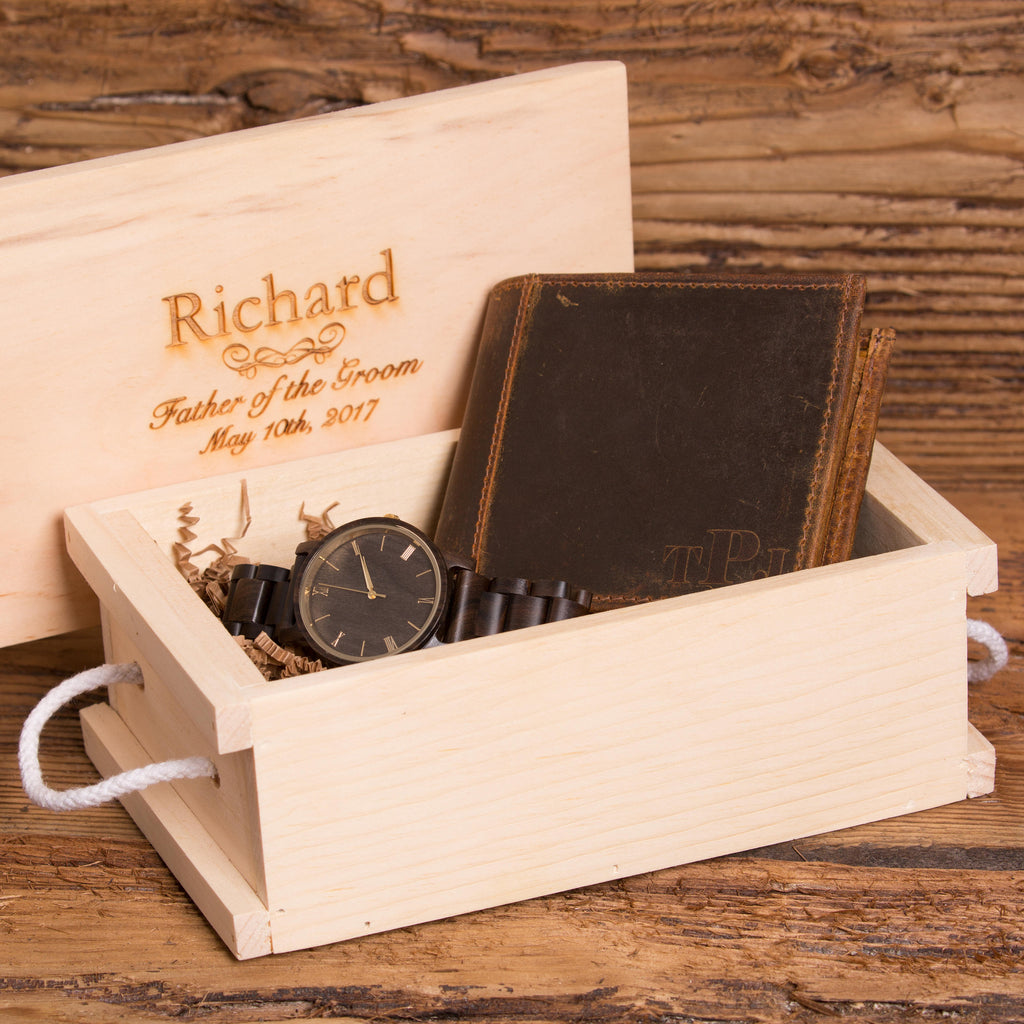Gift Set Including Wallet and Personalized Wood Watch