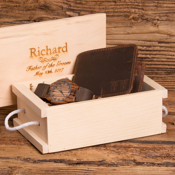 Personalized Leather & Wood Watch w/ Wallet Gift Set