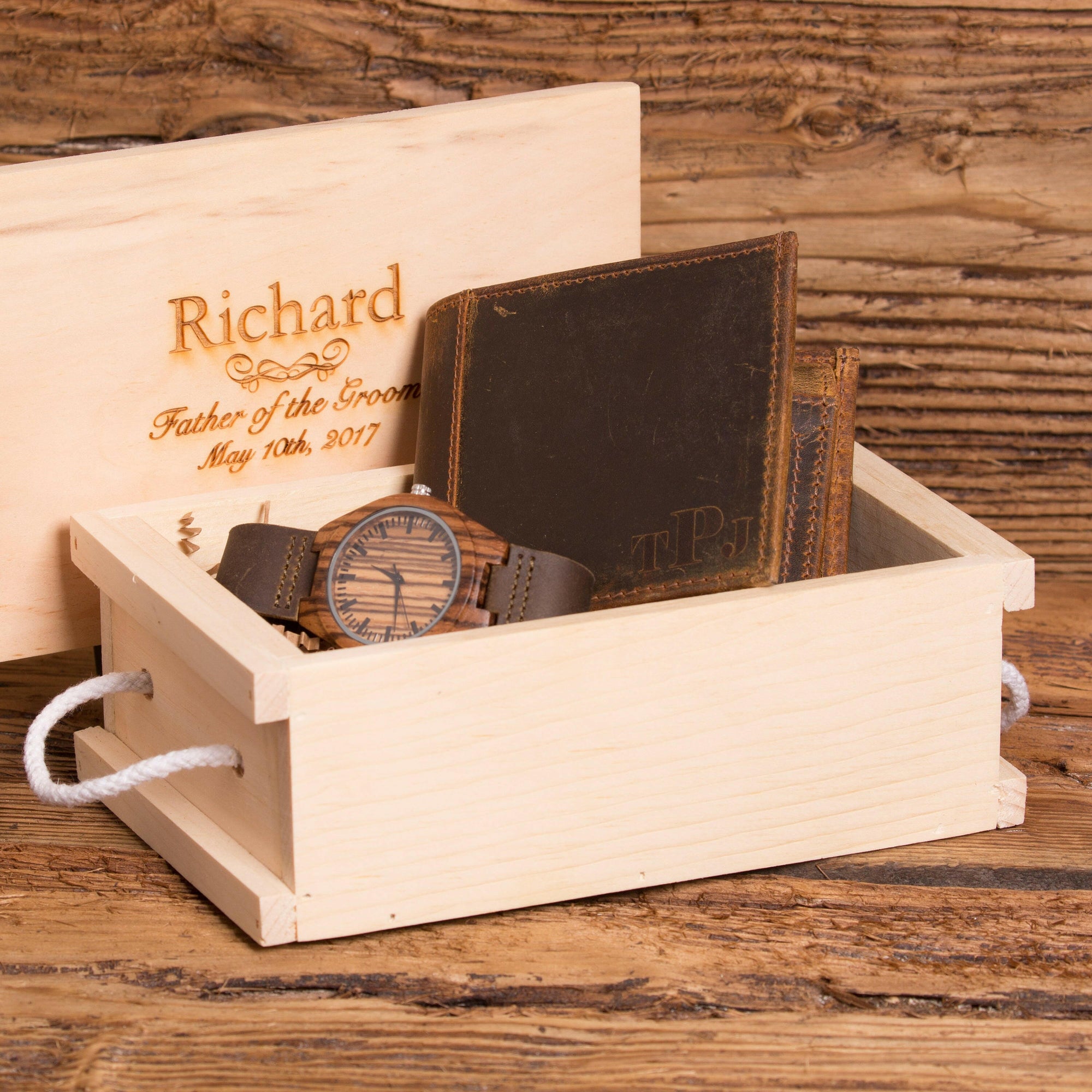 Personalized Leather Bi-Fold Wallet and Wood Watch Gift Set.