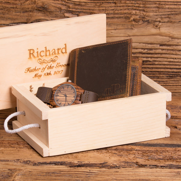 Personalized Leather Bi-Fold Wallet and Wood Watch Gift Set