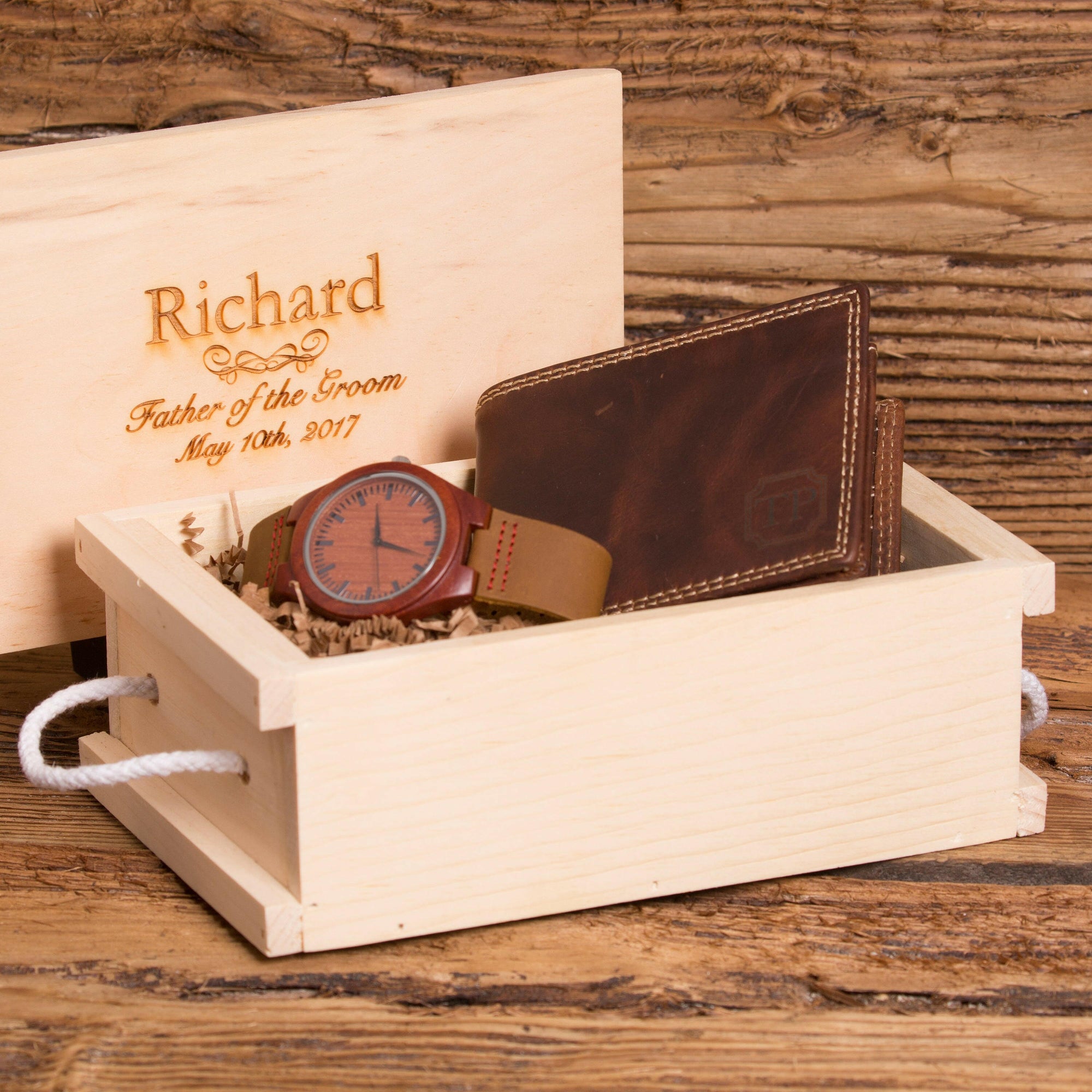 Gift Set for Men with Personalized Wallet & Wood Watch.