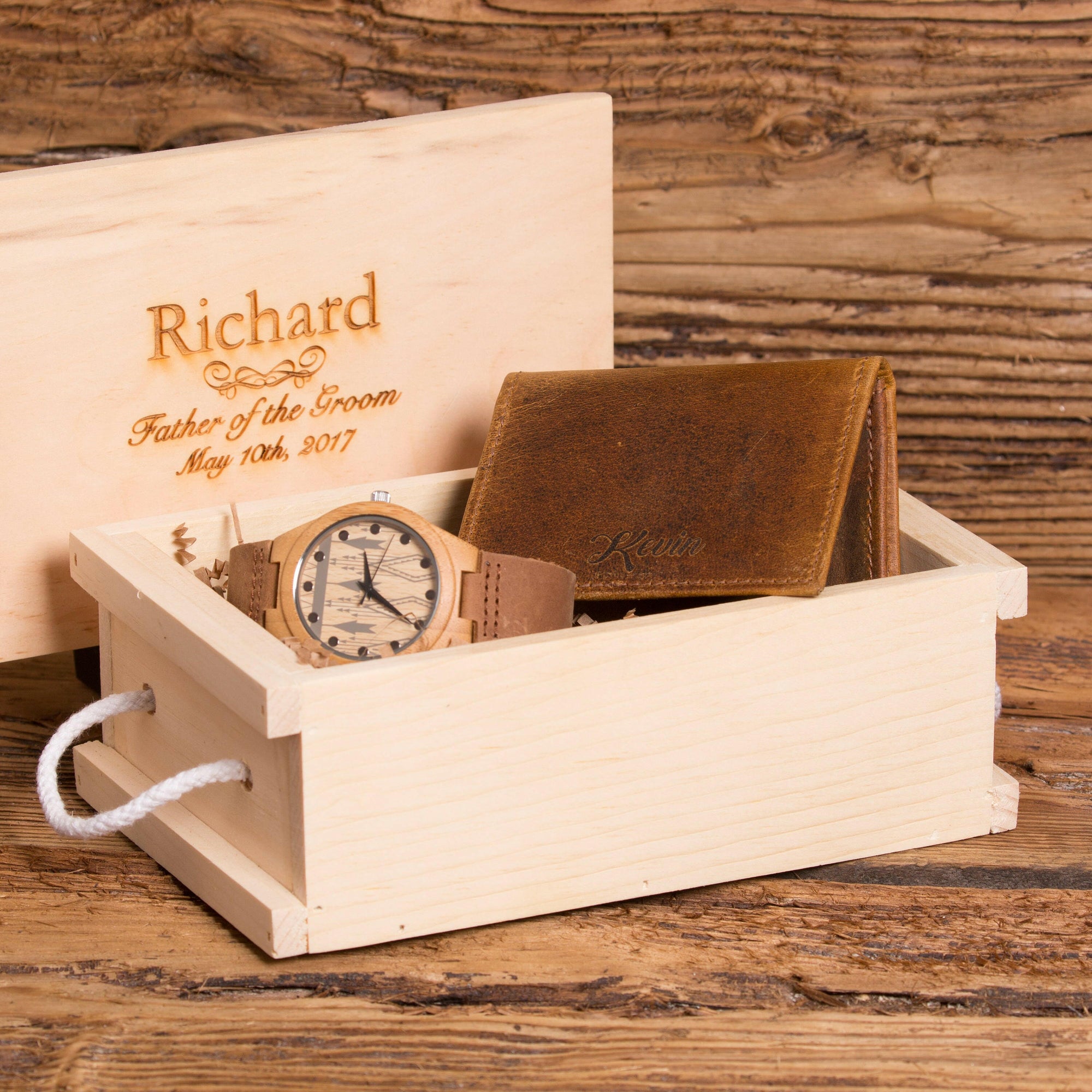 Leather Wallet Monogrammed with Wood Watch Personalized.