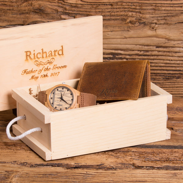 Leather Wallet Monogrammed with Wood Watch Personalized