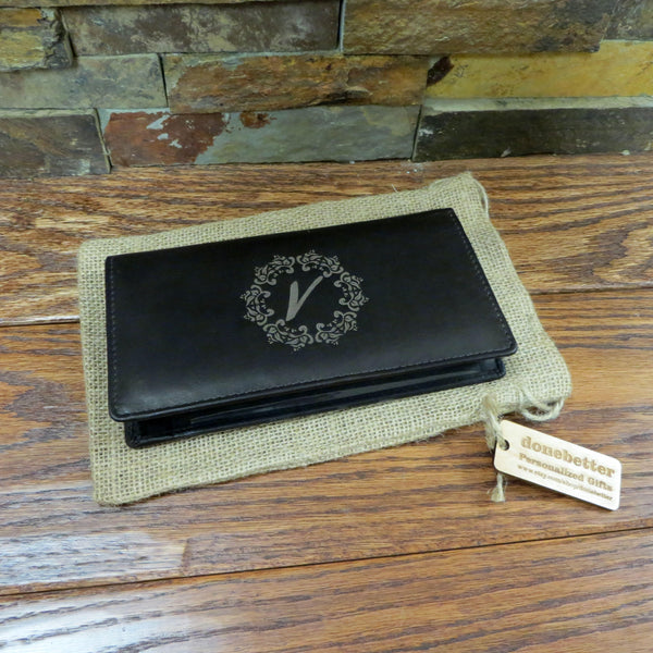 Monogrammed Leather Checkbook Holder Wallet