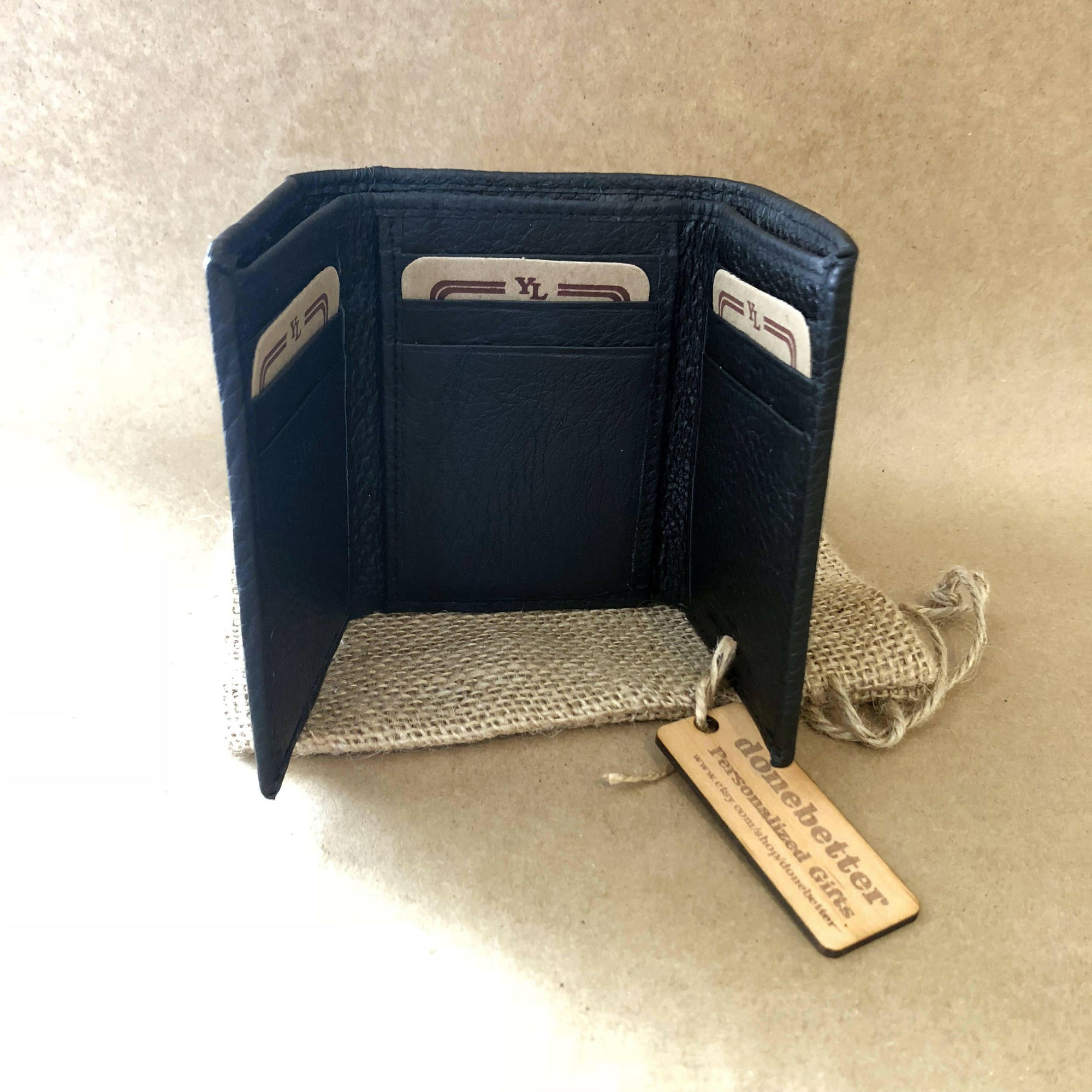 Custom Personalized Tri-Fold Mens Leather Wallet w/ Wooden Crate.