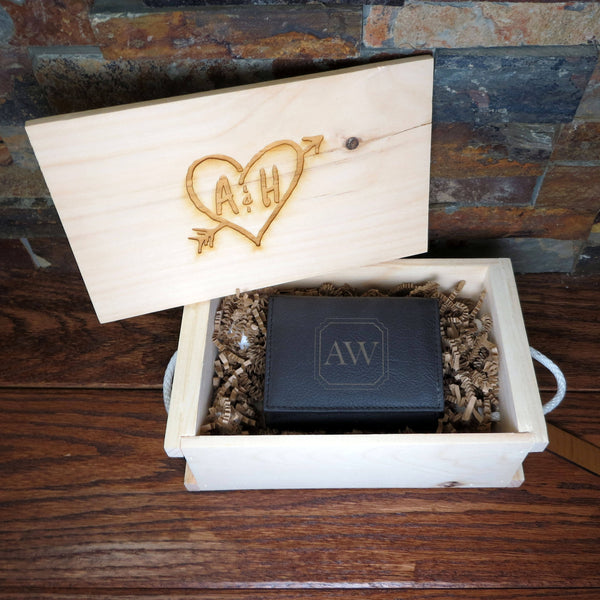 Holiday SPECIAL - Custom Personalized Tri-Fold Mens Leather Wallet w/ Wooden Crate