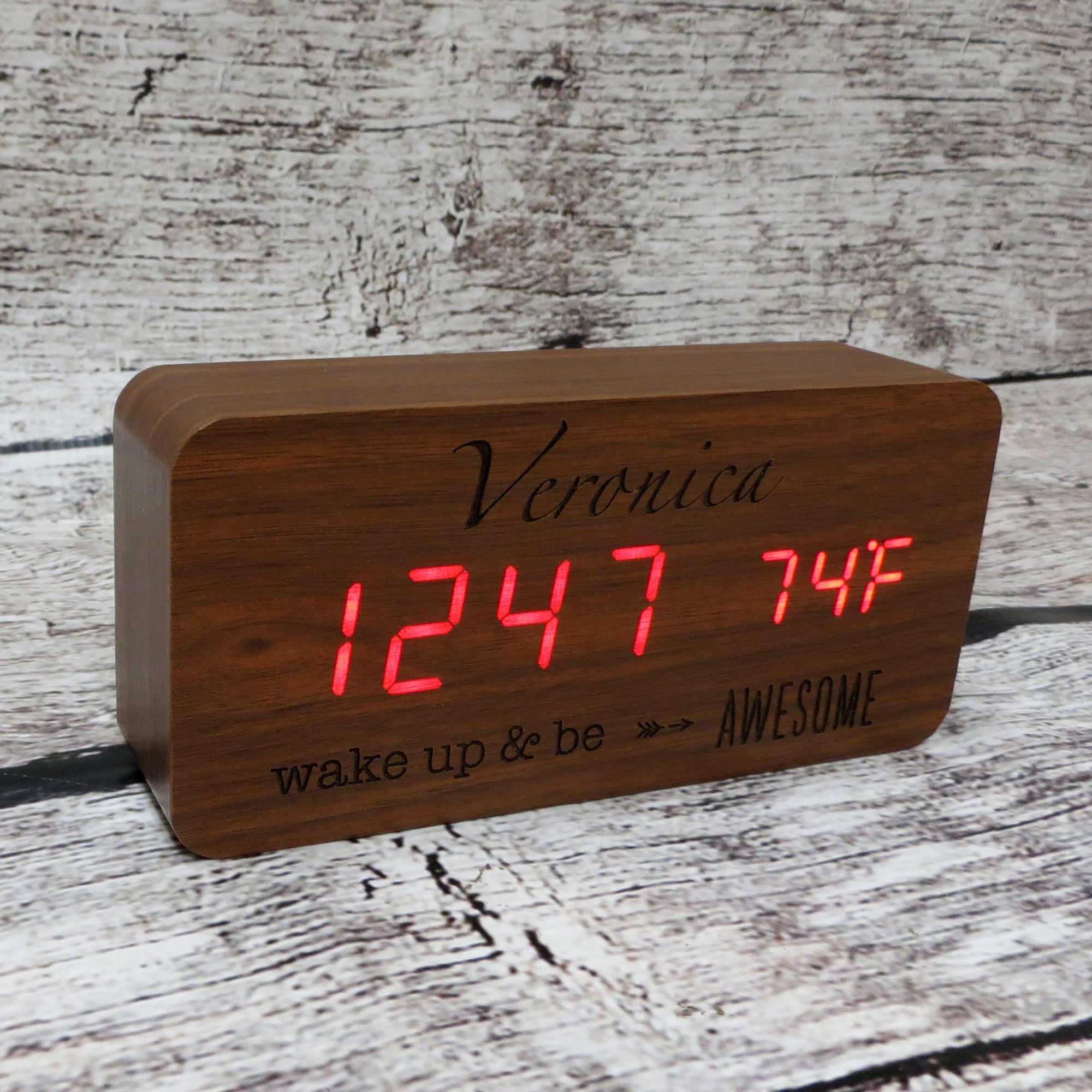 Personalized Walnut Wooden Alarm Clock.
