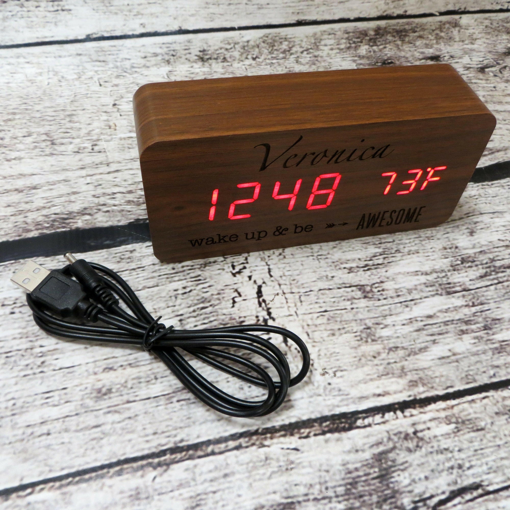 Personalized Walnut Wooden Alarm Clock.