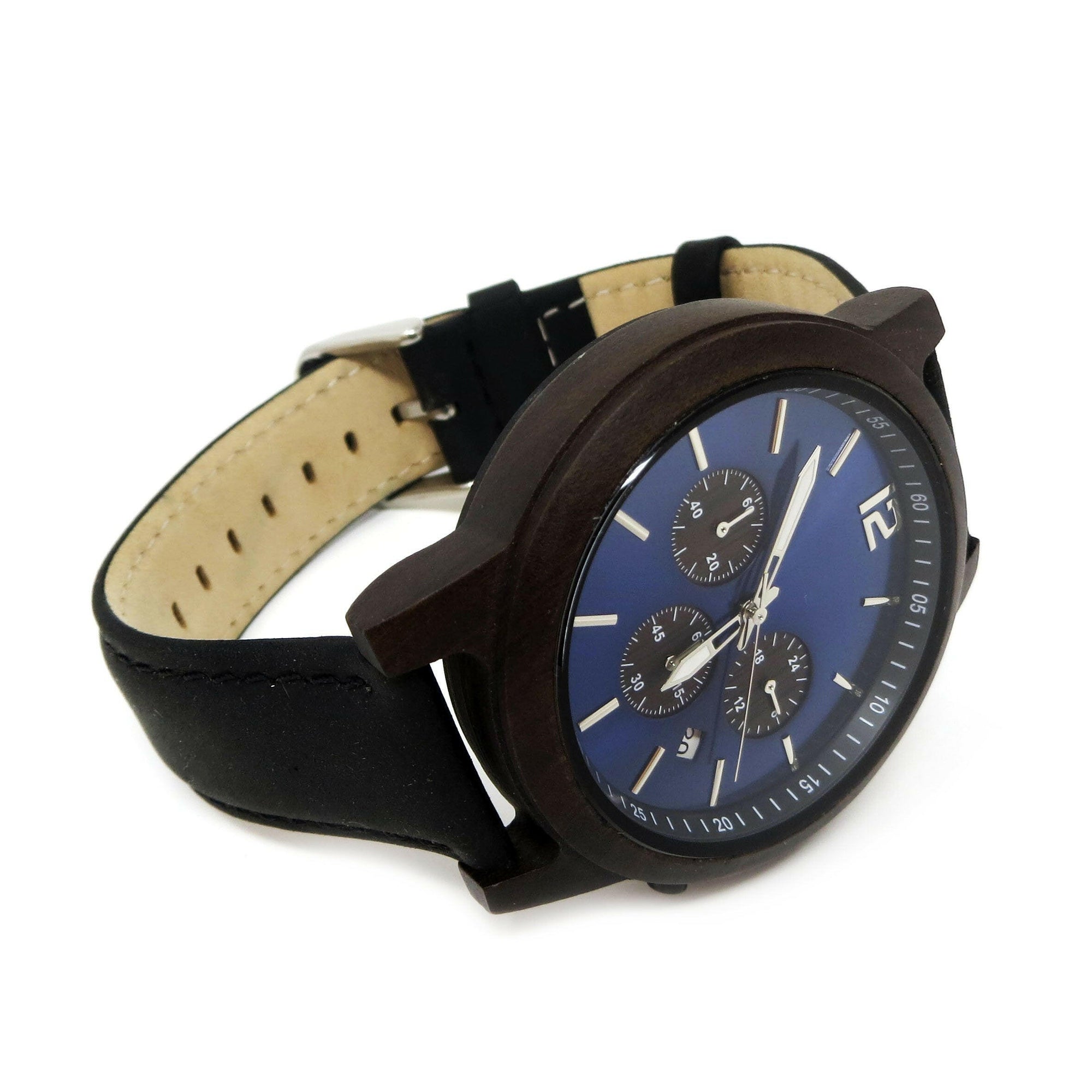 Personalized Unique Wooden Wrist Watch with Blue Face.