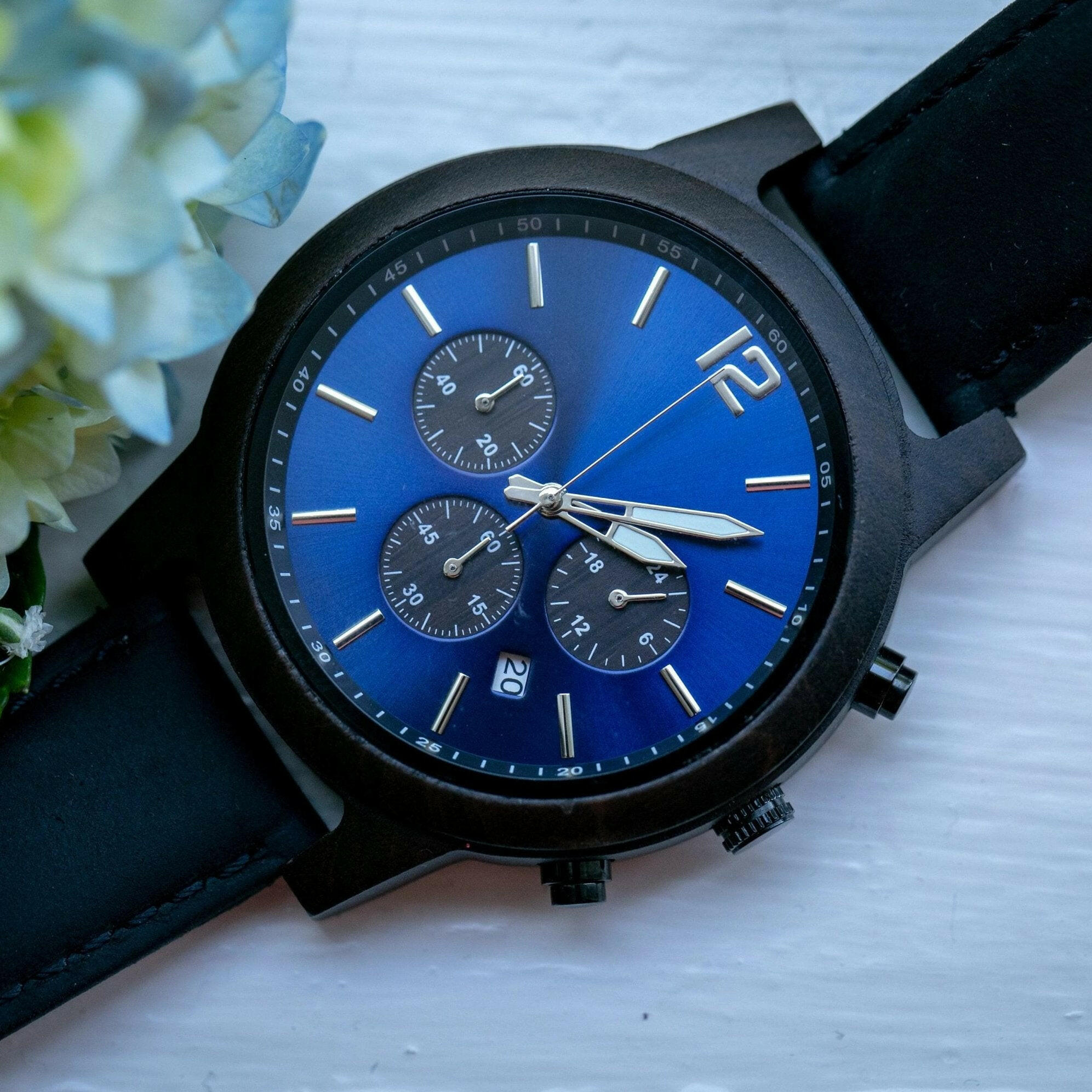 Personalized Unique Wooden Wrist Watch with Blue Face.