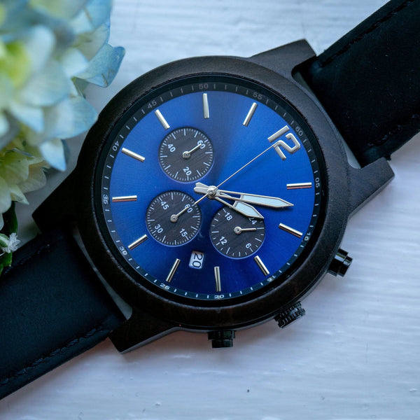 Personalized Unique Wooden Wrist Watch with Blue Face