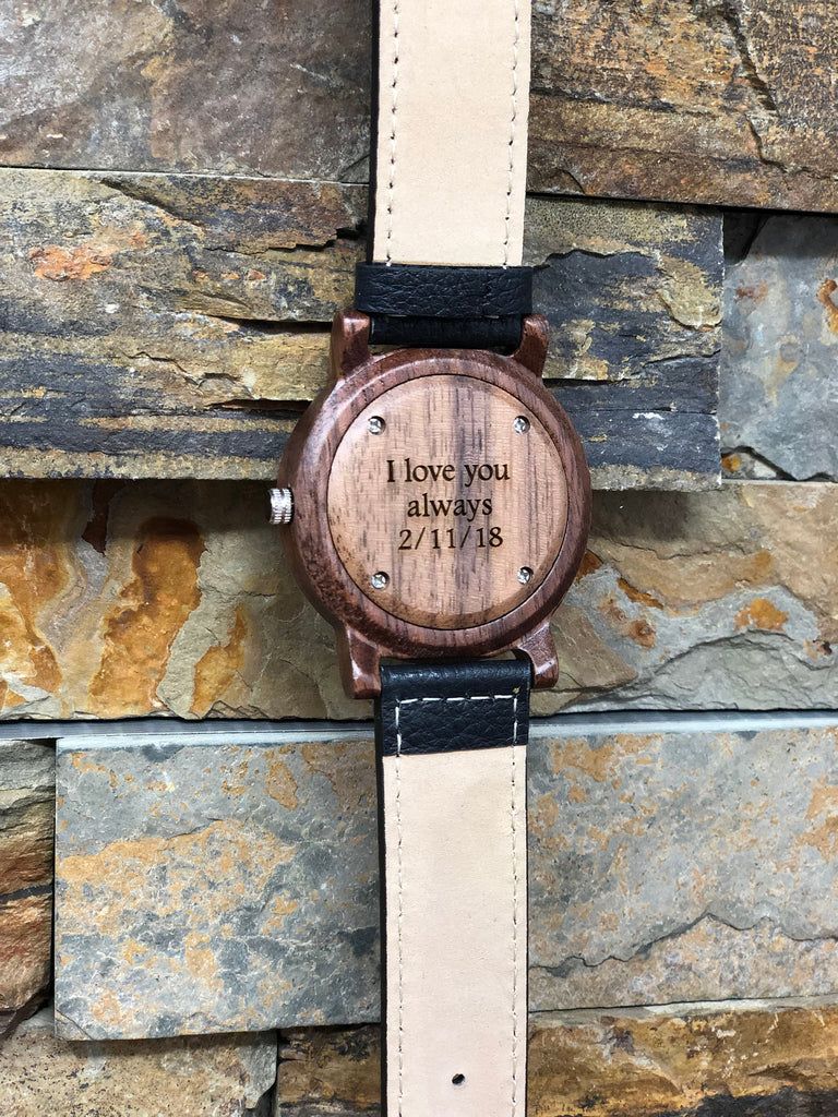 Wood Wrist Watch Personalized w Genuine Leather Band